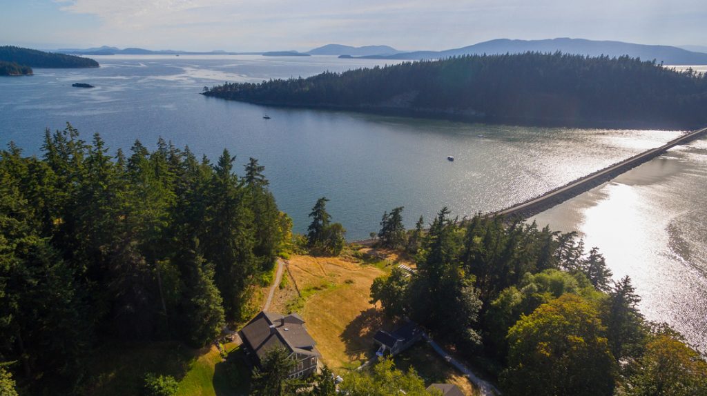 Aerial shot of a residential home by Bellingham Bay, Whatcom County